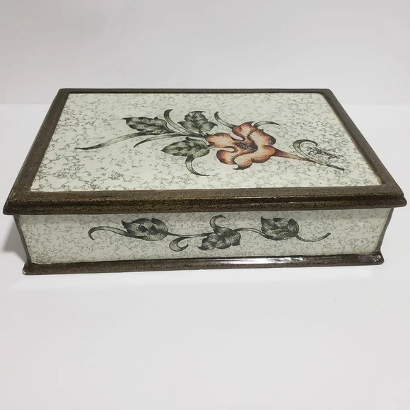Vintage Signed Amilkar Reverse Painted Green Floral Jewelry  Box - Picture 1 of 14